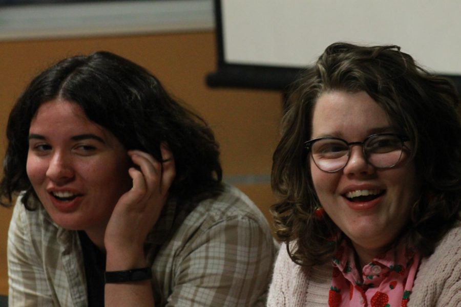 Former President Hannah Myers and current President Rhiannon Reed pictured together at EFPs open mic night in 2022