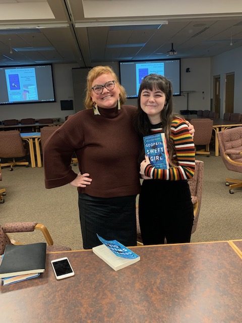 Peace Scholar Josie Brown (right) and Kelly Sundberg (left) after Social Justice Book Club with Sundbergs novel Goodbye Sweet Girl