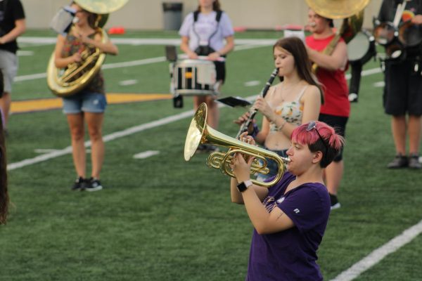 Ashland University students participate in band practice ahead of the 2023 football season. 