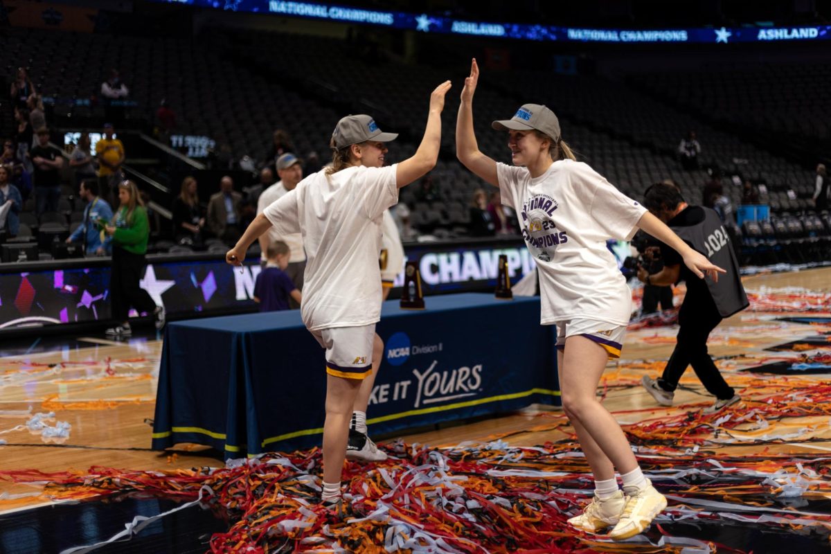 Eagle veterans Hallie Heidemann and Annie Roshak high-five at the NCAA D-II National Championship.