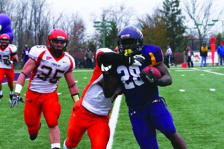 Ashland sophomore running back Anthony Taylor takes on a Findlay defender during the Eagles’ 42-21 defeat of the rival Oilers. Taylor led AU in rushing with 167 yards on 24 attempts as the Eagles rolled to their ninth straight win. Ashland is now ranked No. 1 in the Super Region 4 Rankings.
