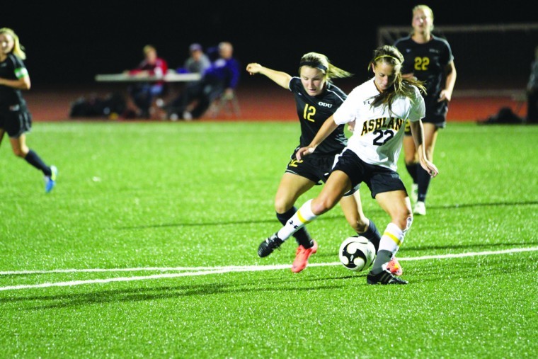 Senior midfielder Maria Lackey attempts a shot against ODU. Lackey finished her career Saturday against the Panthers.

