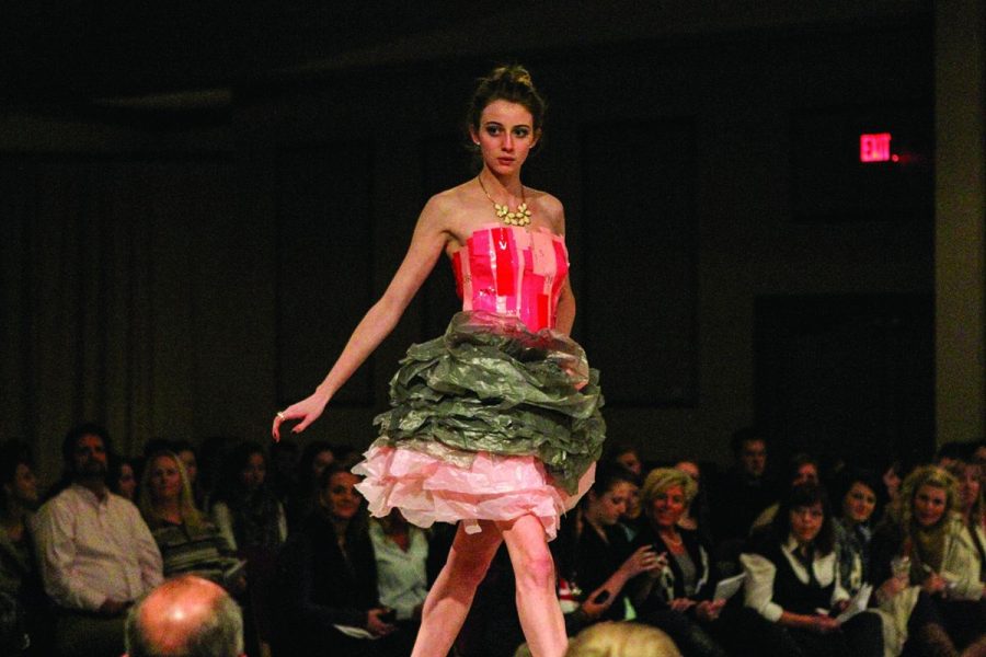 Students modeled clothes made from recycled materials in the Green in the New Black fashion show put on by the Fashion Merchandising department at AU.