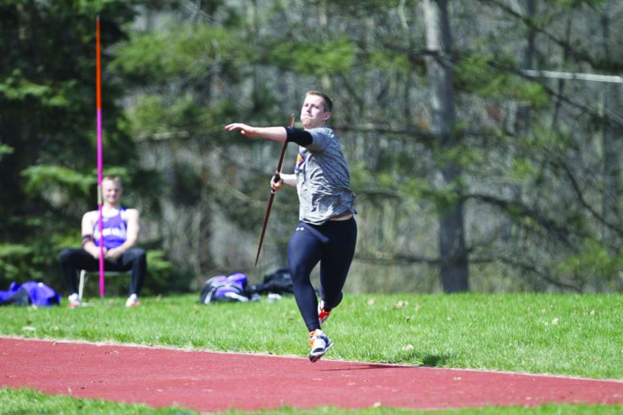 Senior Sam Shaffer gets his running start before throwing. He placed first in javelin over the weekend.  