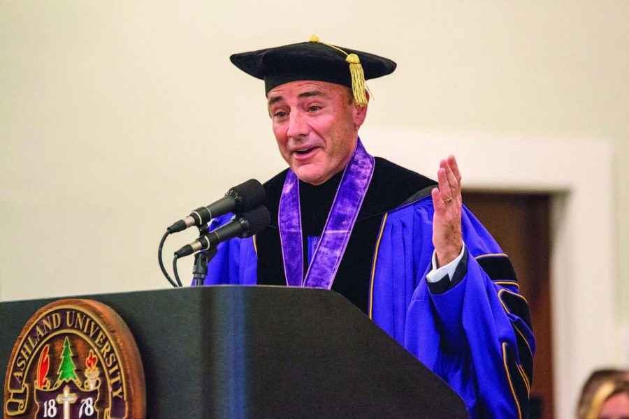 President Carlos Campo speaks during his inaugural address on Oct. 16 in the Jack and Deb Miller Chapel.