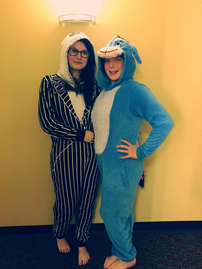 Jenkins (R) is dressing up as Eeyore, while her friend is wearing the Jack Skellington onesie (L). 