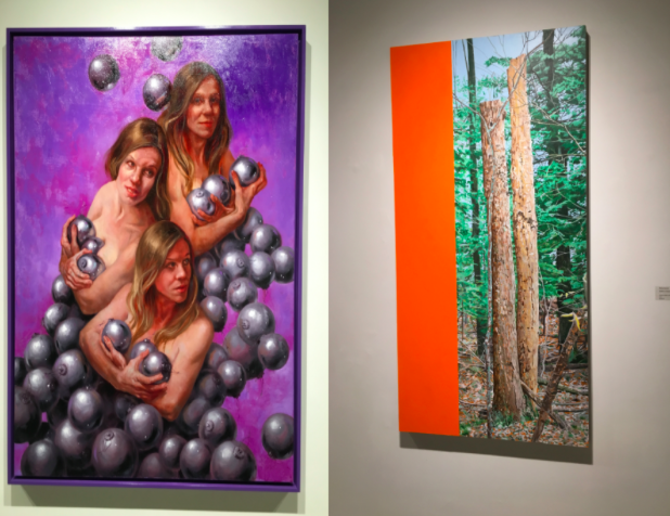 “Chicks with Balls” by Judy Takacs on the left and “Edward and Marian” by Benjy Davies on the right.