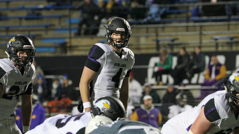 Eagles quarterback Billy Bahl sets at the line during a snap against Grand Valley.