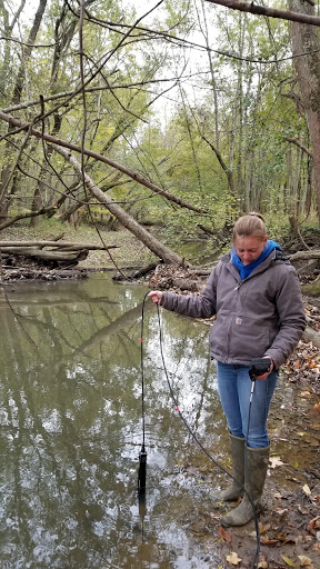 Ashland University student, Emily Fulk, tracks physical and chemical parameters in the Black Fork of the Mohican River in real time using a multiprobe tool.