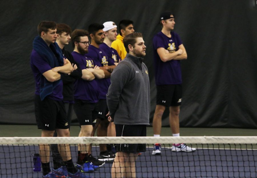 AUs+mens+tennis+coach+Christian+Hamilton+and+his+team+watch+the+final+game+in+a+match+against+Findlay+in+February.