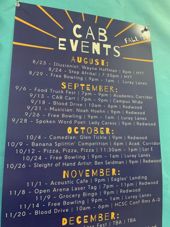 A poster of all of the upcoming CAB events for this school year.