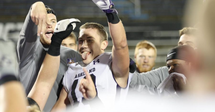 Logan+Bolin+%28%2313%29+celebrates+following+a+game-winning+52-yard+Hail+Mary+catch+from+quarterback+Austin+Brenner+Saturday+in+Allendale%2C+Michigan.+Ashland%E2%80%99s+heroics+gave+Grand+Valley+their+first+loss+of+the+season%2C+20-17