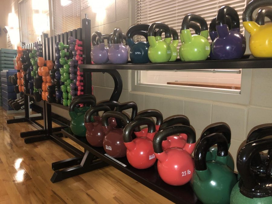 The aerobics room provides a large variety of weight sizes. 
