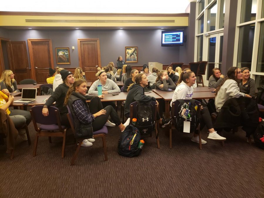 The women’s soccer team watches the NCAA Division II Women’s Soccer Selection Show.