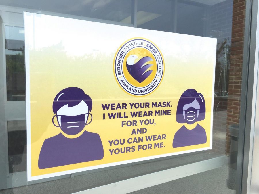 Signs regarding masks and COVID-19 safety were placed outside of each building on campus.