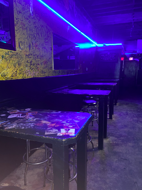 Empty tables and chairs at Riley's Nightclub on a Friday night.