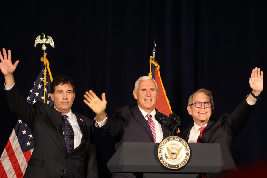  During a Republican Party rally held in Mansfield, OH, Vice President Mike Pence gave a speech to endorse running Republican candidates. From left: Troy Balderson, Mike Pence, Mike DeWine.
