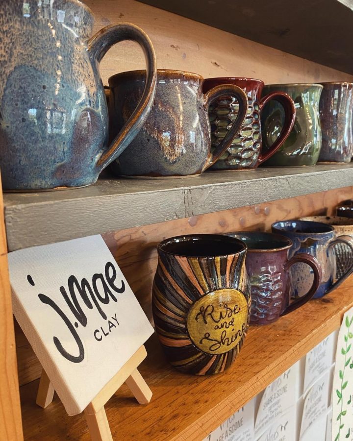 Badertschers+mugs+on+display+at+Vines+Bakery.
