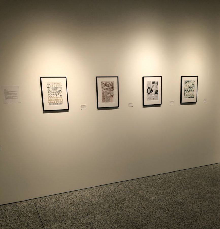 Four of Priscilla Roggenkamp’s works from her collection “Family Separation Series” on display at the Coburn Gallery. Her presentations will be highlighted along with Cynthia Petry and Dan McDonald at the staff exhibition from Jan. 21 to Feb. 5.