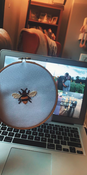 Lampe took up cross-stitching in her free time during isolation.