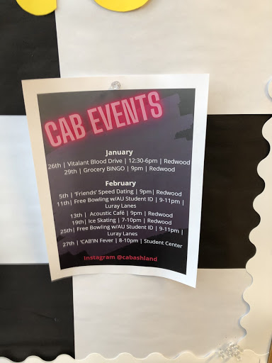 The CAB Schedule of Events for January and February on campus.