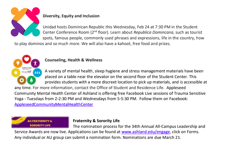 Updates included those for student wellness, diversity and inclusion and fraternity and sorority life.