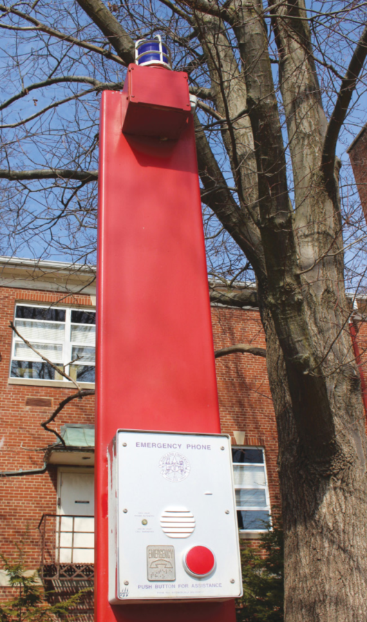 Several emergency buttons are located all around campus. This red pole is located in front of Founder’s Hall.