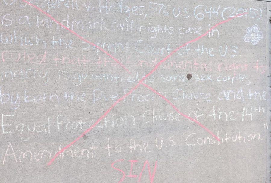 A chalking of the act written by U.S legislation about same sex marriage was crossed out
with remarks written beside.