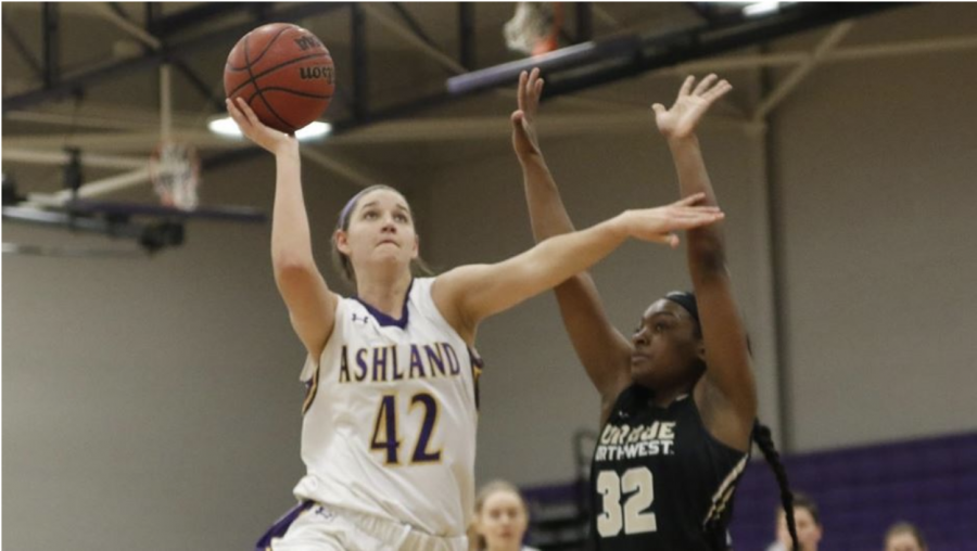 Senior forward Annie Roshak goes for a lay-up in a spring 2021 game against Purdue Northwest. Roshak looks to continue her impressive GMAC play in the 2022 season.
