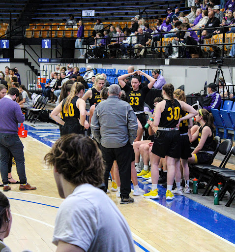 The Ashland University Women’s Basketball Team huddles during the game against the Kentucky Wesleyan Panthers at the Owensboro Sports Center on Feb. 12, 2022. Ashland won the game 76-71.