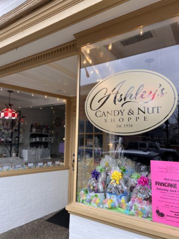 Store front of Ashleys Candy and Nut Shoppe on rainy day
