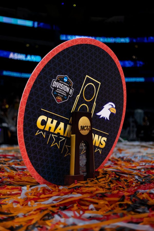 The Eagles national championship trophy rests with the banner behind it.