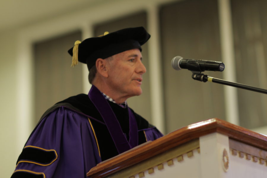 University+president+Dr.Carlos+Campo+delivers+the+opening+speech+for+the+honors+commencement.