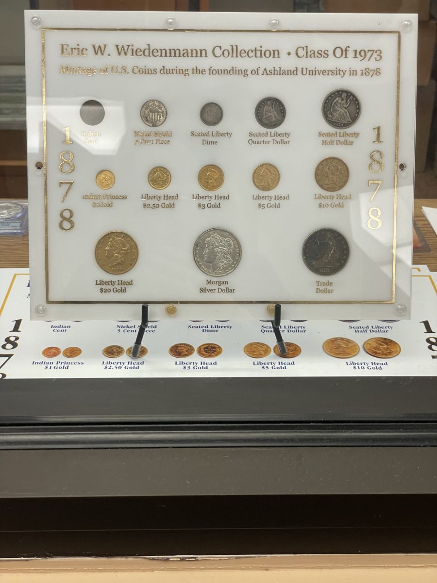 The collection of coins is displayed in a custom-made plaque through the window of the Leo and Laura Thomas Numismatic Center. 