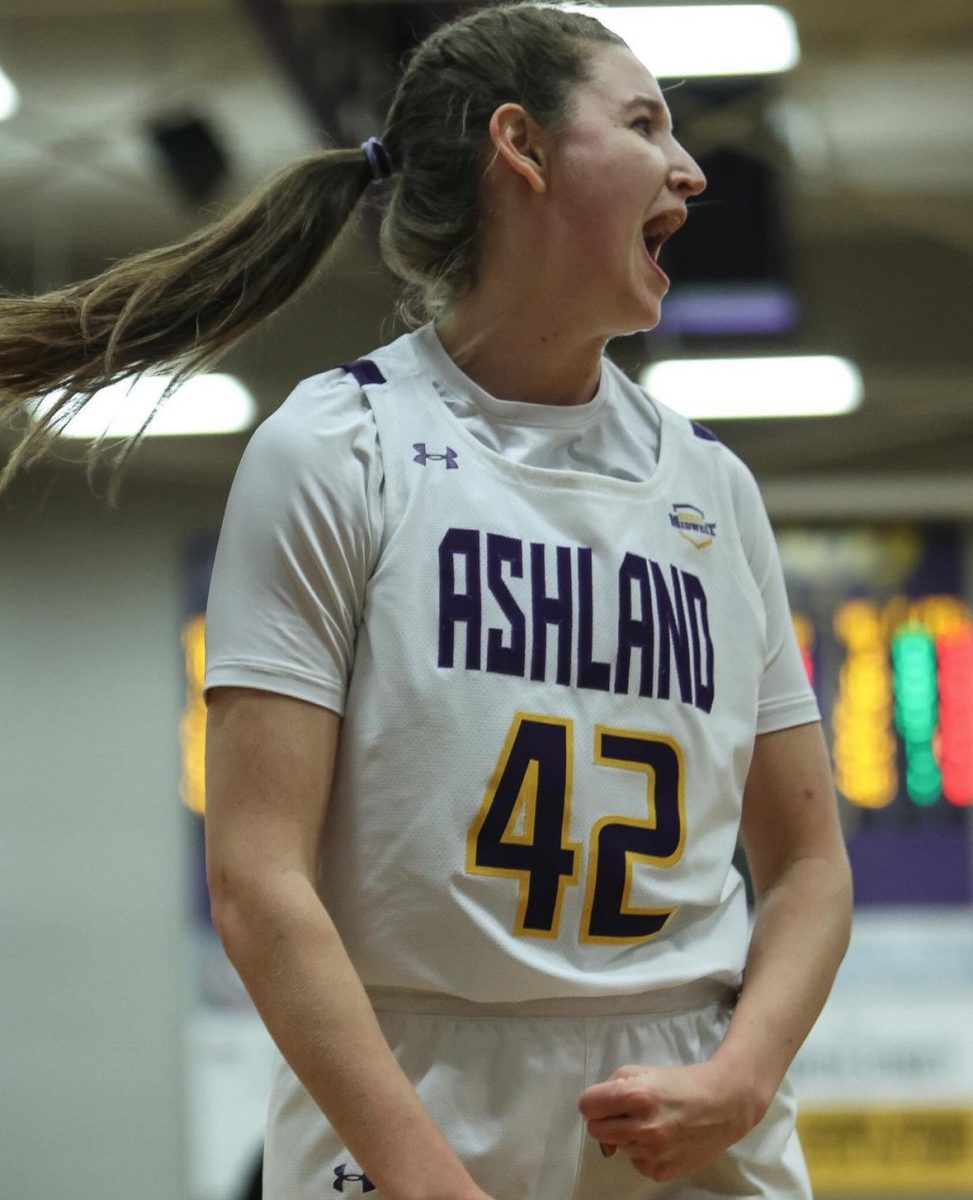 AU forward Annie Roshak celebrates during the G-MAC championship in 2024.