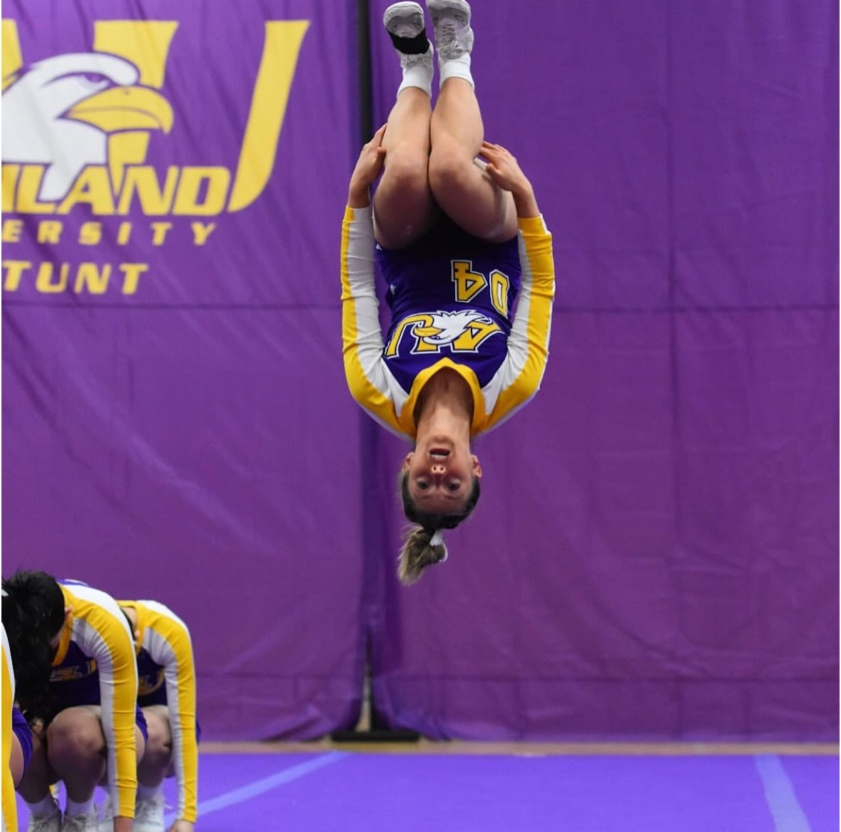 Eagle flyer Elly Dukes mid-stunt