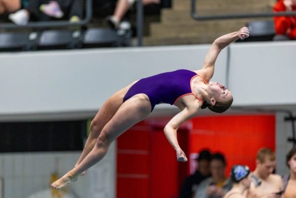 Sophomore Riley Hunt mid-dive at the NCAA Division II Championships in Indianapolis. 