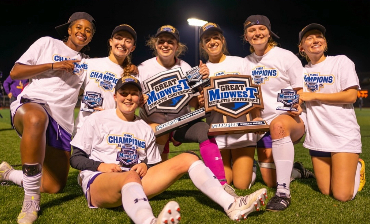 Eagles celebrating their G-MAC victory against Northwood University