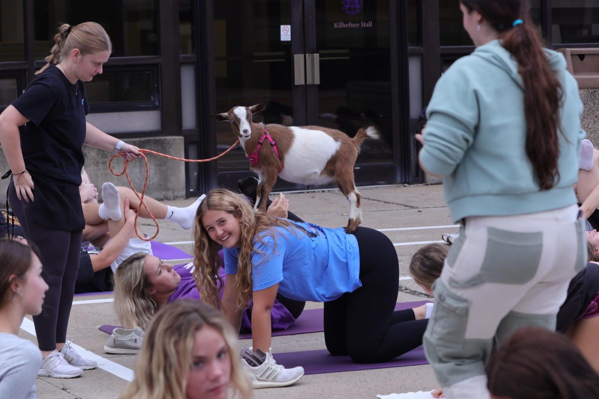 AU Student Lyla Coil with a goat on her back