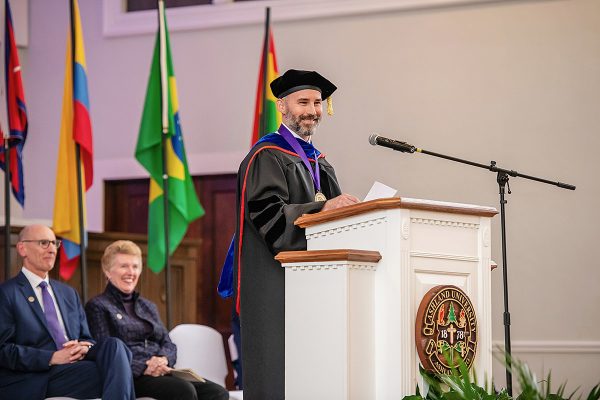 Interim Provost Dr, Gregory McBrayer delivering an address to students, faculty, and staff.
